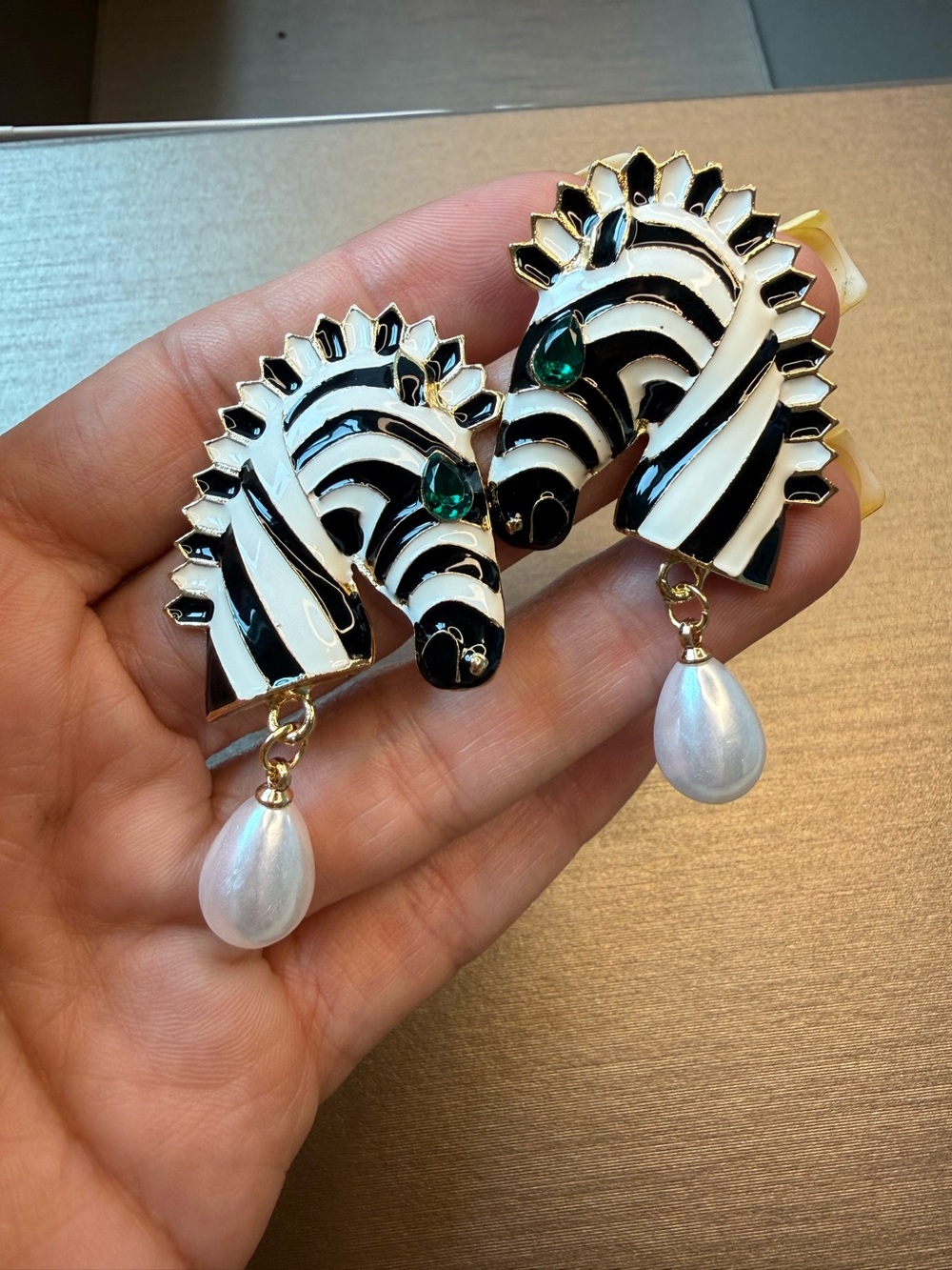 Zebra Enamel Drop Earrings with Pearl Teardrops - Black & White